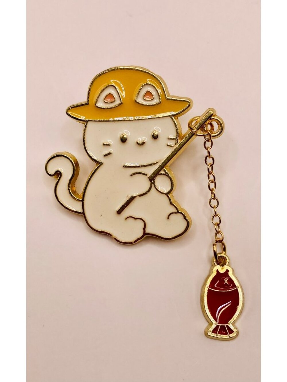Cat Enamel Pin With Fishing Pole & Dangling Red Fish Charm -93B